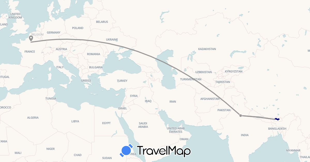 TravelMap itinerary: driving, plane in Bhutan, France, India (Asia, Europe)